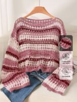 Elorivane Plus Size Blue White Striped Sweater, Hollow Out Boat Neck Cropped Long Sleeve, Fall Winter Loose Top - Image 14