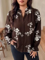 Elorivane Plus Size Brown Floral Embroidered Shirt, Elegant Versatile Top for Office Brunch Evening, Autumn Casual Wear - Image 3