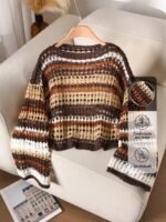 Elorivane Plus Size Blue White Striped Sweater, Hollow Out Boat Neck Cropped Long Sleeve, Fall Winter Loose Top - Image 29