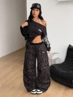 Elorivane Women Black Leopard Patchwork Parachute Pants, Baggy Preppy Hippie Streetwear Trousers - Image 11