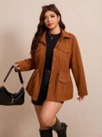 Elorivane Plus Size Flap Pocket Drawstring Waist Jacket, Barn Style Outerwear, Fall Winter Casual Wear - Image 14