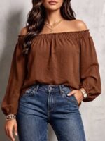 Elorivane Plus Size Loose Ruffle Off-Shoulder Smocked Lantern Sleeve Blouse for Spring Autumn Daily Versatile Wear - Image 7