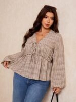 Elorivane Plus Size Blue Ditsy Floral Blouse, V-Neck Tie Long Sleeve Top, Romantic Fall Daily Home Wear - Image 14