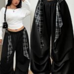Elorivane Women Plus Size Black Baggy Sweatpants, Oversized Elastic Waist Fall Winter Streetwear Lounge Pants