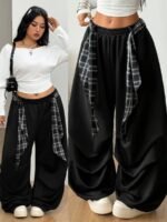 Elorivane Women Plus Size Black Baggy Sweatpants, Oversized Elastic Waist Fall Winter Streetwear Lounge Pants