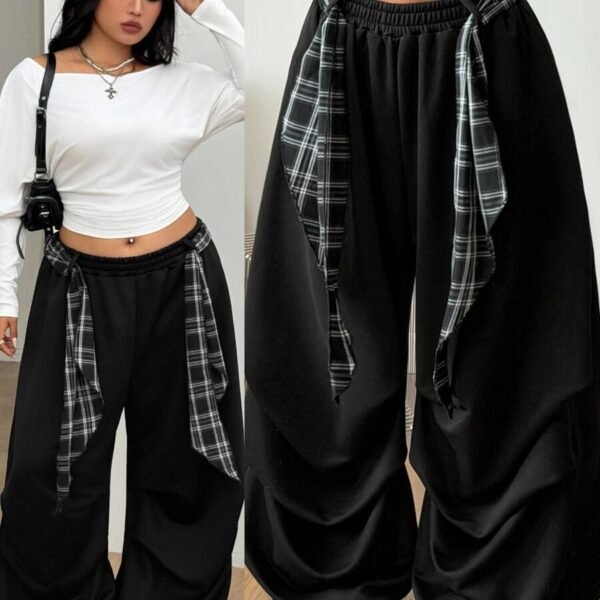 Elorivane Women Plus Size Black Baggy Sweatpants, Oversized Elastic Waist Fall Winter Streetwear Lounge Pants