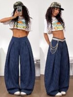Elorivane Women Brown Striped Cargo Pants, Oversized Curved Hem Vintage Summer Fall Streetwear Trousers - Image 27