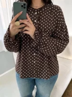 Elorivane Plus Size Polka Dot Shirt, Long Sleeve Button Casual Spring Autumn Daily Outwear