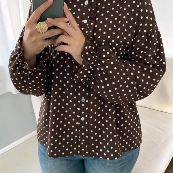Elorivane Plus Size Polka Dot Shirt, Long Sleeve Button Casual Spring Autumn Daily Outwear