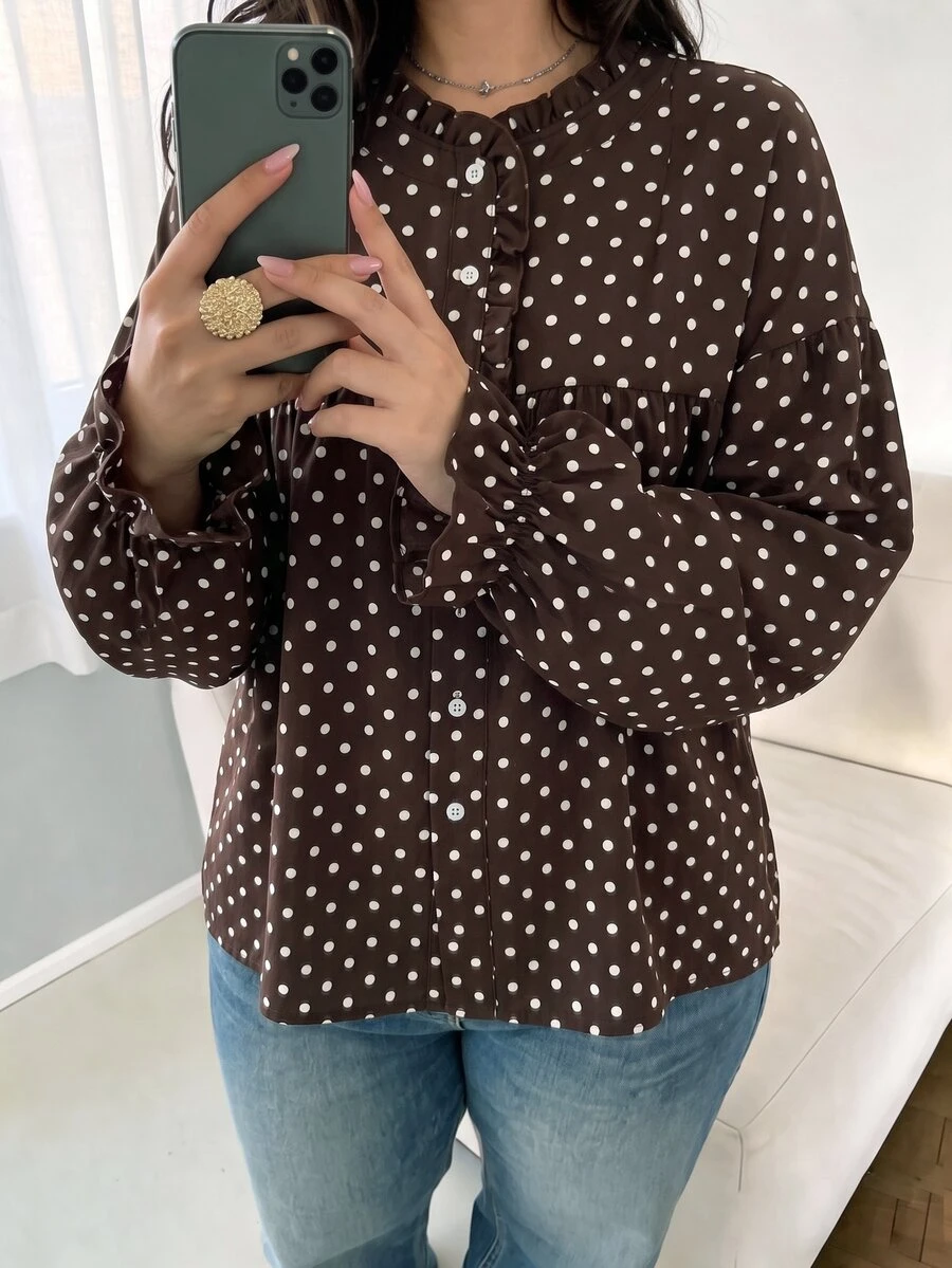 1c0366ddfc9cfa9a34532c699eab343900d8352990ad17b0afff8269bf6c59a0_thumbnail_900x Elorivane Plus Size Polka Dot Shirt, Long Sleeve Button Casual Spring Autumn Daily Outwear - Image 1
