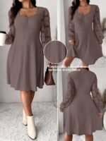 Elorivane Plus Size Sweetheart Neck Dress, Ruched Ribbed Long Sleeve Casual Dress, Fall Wear - Image 34