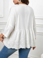 Elorivane Plus Size Navy Blue 90s Vintage Floral Print Peplum Shirt Boho Vacation Top for Summer Casual Wear - Image 15