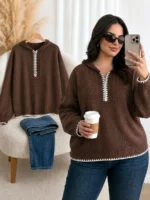 Elorivane Plus Size Brown Colorblock Sweater, Zip-Up French Soft Knit Pullover, Commuter Vacation Autumn Top - Image 2