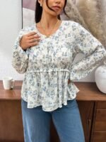 Elorivane Plus Size Ditsy Floral Blouse, Round Neck Frill Trim Long Sleeve Shirt, Fall Winter Daily Going Out Top