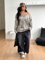 Elorivane Women Plus Size Grey Wash Sweatshirt, Asymmetrical Shoulder Grommet Long Sleeve Y2K Fall Winter Top - Image 11