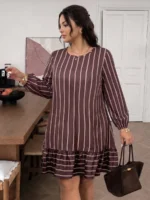 Elorivane Plus Size Coffee Brown Striped Dress, Long Sleeve Mini Dress, Fall Casual Outing Top - Image 6