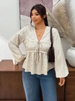 Elorivane Plus Size Blue Floral Blouse, V-Neck Tie Long Sleeve Top, Daily Commute Going Out Wear - Image 16