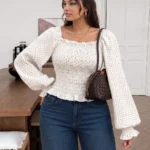 Elorivane Plus Size Polka Dot Blouse, Square Neck Long Sleeve Top, Fall Winter Daily Work Going Out Wear