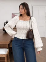 Elorivane Plus Size Polka Dot Blouse, Square Neck Long Sleeve Top, Fall Winter Daily Work Going Out Wear