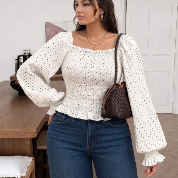 Elorivane Plus Size Polka Dot Blouse, Square Neck Long Sleeve Top, Fall Winter Daily Work Going Out Wear