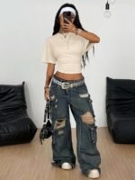 Elorivane Women Dark Grey Ruched Crop Tee, Loose Stretchy Y2K Grunge Summer Streetwear Top - Image 16