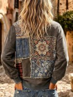 Elorivane Plus Size Women Vintage Boho Floral Plaid Patchwork Crewneck Sweatshirt, Fall Casual Loose Top - Image 2