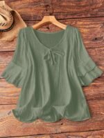 Elorivane Plus Size Women's Navy Blue Boho Blouse, Cotton Ruffle Sleeves with Bow Decor, Casual Leisure Shirt for Summer Vacation, Home, Daily Outing & Travel, Also Great for Fall Wear - Image 22