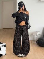 Elorivane Women Black Leopard Patchwork Parachute Pants, Baggy Preppy Hippie Streetwear Trousers - Image 12