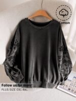 Elorivane Plus Size Floral Embroidery Sweatshirt, Crew Neck Long Sleeve Elegant Top, Spring Fall