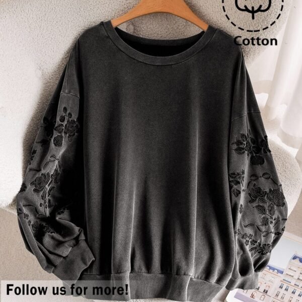 Elorivane Plus Size Floral Embroidery Sweatshirt, Crew Neck Long Sleeve Elegant Top, Spring Fall