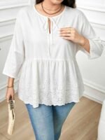 Elorivane Plus Size Navy Blue 90s Vintage Floral Print Peplum Shirt Boho Vacation Top for Summer Casual Wear - Image 18