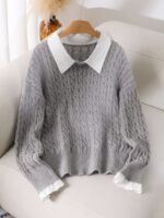 Elorivane Plus Size Brown Cable Knit Sweater, 90s Korean Lace Patchwork Pullover, Autumn Office Casual Top - Image 4
