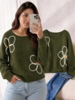 Elorivane Plus Size Green Sweater, 3D Floral Embroidered Knit Pullover, Cute French Style Autumn Winter Date Top - Image 5