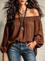 Elorivane Plus Size Loose Ruffle Off-Shoulder Smocked Lantern Sleeve Blouse for Spring Autumn Daily Versatile Wear