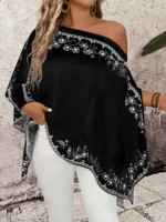 Elorivane Plus Size Women Floral Print Asymmetrical Shoulder Shirt, Fall Daily Casual - Image 13