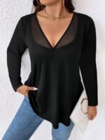 Elorivane Plus Size Mesh Patchwork V-Neck Long Sleeve T-Shirt Elegant Minimalist for Fall Commute Casual Wear - Image 8