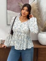 Elorivane Plus Size Ditsy Floral Blouse, Round Neck Frill Trim Long Sleeve Shirt, Fall Winter Daily Going Out Top - Image 8