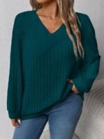 Elorivane Plus Size Loose V-Neck Wide Ribbed Pullover Sweatshirt for Autumn Winter Back To School Graduation Teacher Casual Wear - Image 32