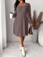 Elorivane Plus Size Sweetheart Neck Dress, Ruched Ribbed Long Sleeve Casual Dress, Fall Wear - Image 33