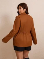 Elorivane Plus Size Flap Pocket Drawstring Waist Jacket, Barn Style Outerwear, Fall Winter Casual Wear - Image 15