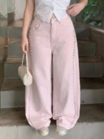 Elorivane Plus Size Pink Denim Jeans, Mid-Waist Pearl Patchwork Loose Wide Leg Casual Fall Pants - Image 2
