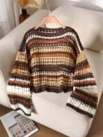 Elorivane Plus Size Blue White Striped Sweater, Hollow Out Boat Neck Cropped Long Sleeve, Fall Winter Loose Top - Image 36