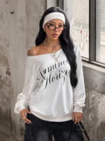 Elorivane Women Plus Size Grey Wash Sweatshirt, Asymmetrical Shoulder Grommet Long Sleeve Y2K Fall Winter Top - Image 40