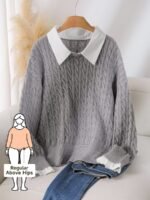 Elorivane Plus Size Brown Cable Knit Sweater, 90s Korean Lace Patchwork Pullover, Autumn Office Casual Top - Image 7