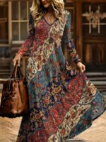 Elorivane Plus Size Women Boho Floral Geometric V-Neck Maxi Dress, Fall Casual Loose Long Sleeve Dress - Image 5