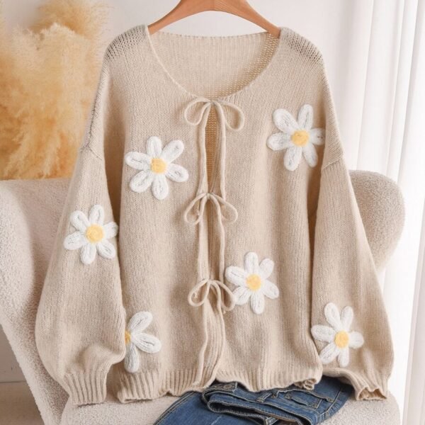Elorivane Plus Size Heart Knit Cardigan, French Elegant Floral Sweater, Autumn Winter Outerwear
