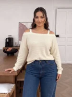 Elorivane Plus Size Open Shoulder Solid Top, Long Sleeve Casual Blouse, Fall Winter Office Daily Going Out Wear - Image 4