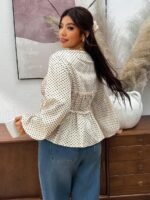 Elorivane Plus Size Blue Floral Blouse, V-Neck Tie Long Sleeve Top, Daily Commute Going Out Wear - Image 13