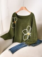 Elorivane Plus Size Green Sweater, 3D Floral Embroidered Knit Pullover, Cute French Style Autumn Winter Date Top - Image 4