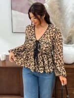 Elorivane Plus Size Blue Ditsy Floral Blouse, V-Neck Tie Long Sleeve Top, Romantic Fall Daily Home Wear - Image 20